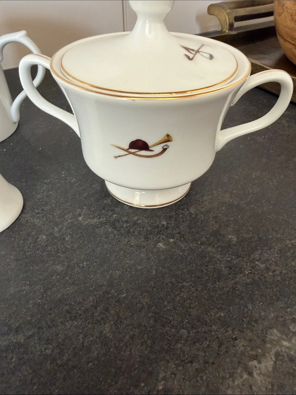 Classic White Porcelain Tea Set with Gold Trim, Equestrian motif.